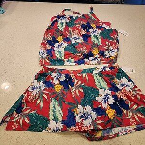 NWT Cacique Swim Suit Tankini Blouson Skirt Pink Floral Tropical Open Sides 24